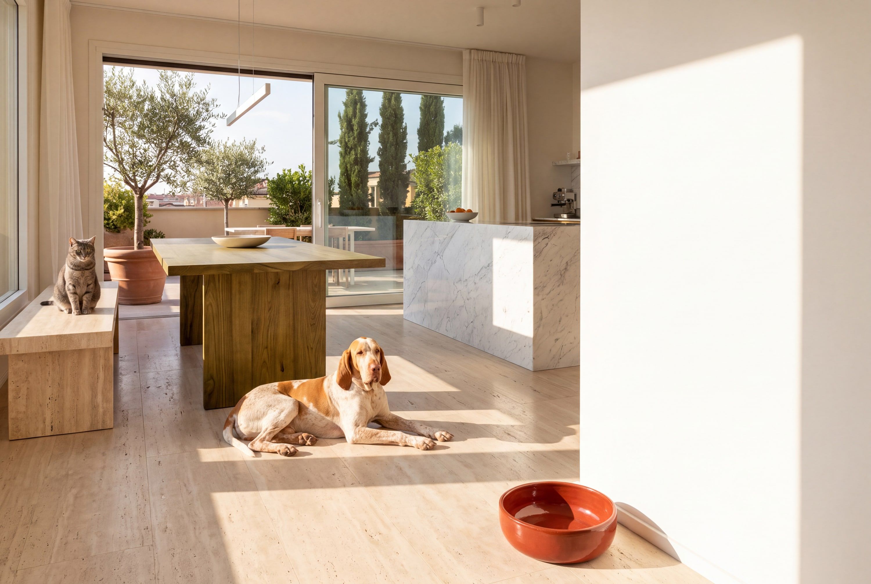 Eine helle italienische Wohnung mit Travertinboden: Ein Bracco Italiano liegt in der Sonne, eine getigerte Katze sitzt auf einer Travertinbank, hinter der offenen Tür eine Terrasse mit Olivenbäumen