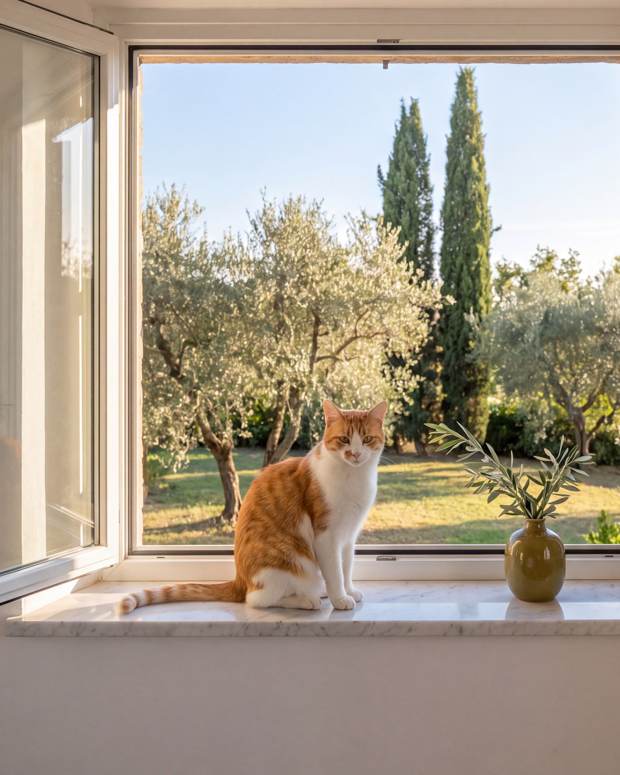 Eine rot-weiße Katze sitzt auf der Marmorfensterbank eines offenen Fensters, draußen Olivenbäume und zwei Zypressen