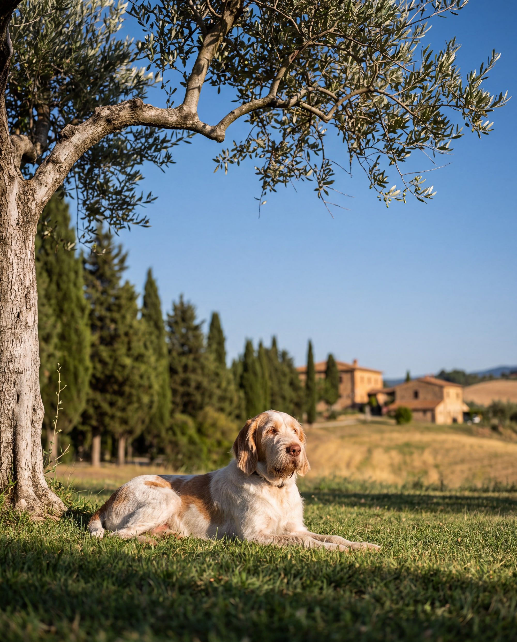 Ein älterer Spinone Italiano mit ergrauter Schnauze liegt im Schatten eines Olivenbaums