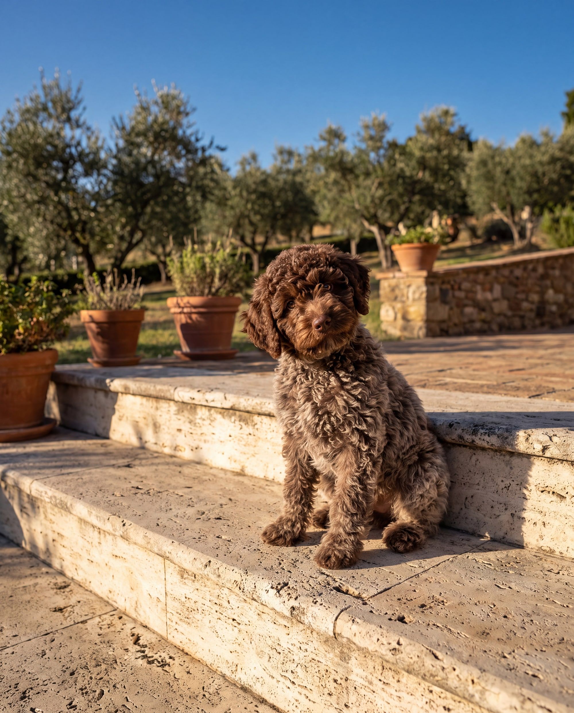Ein brauner Lagotto-Welpe sitzt auf den sonnigen Travertinstufen eines Gartens