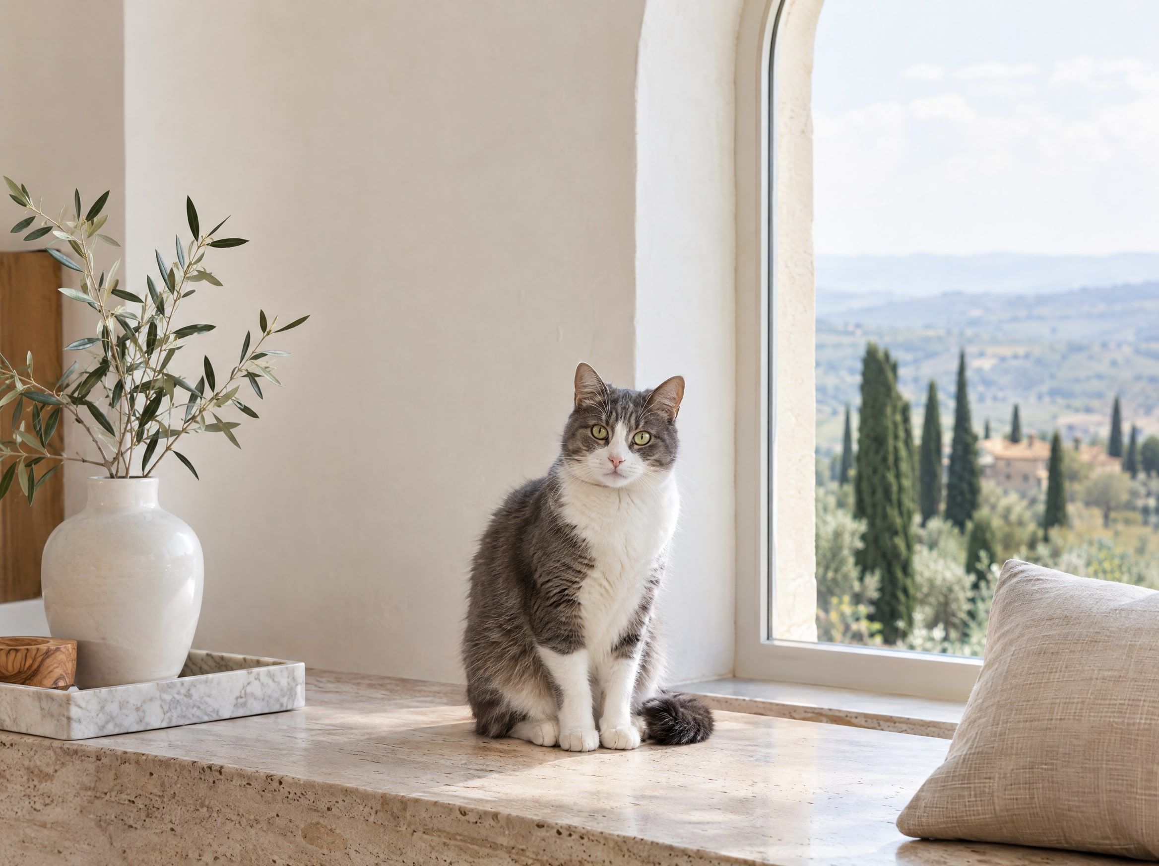 Eine grau-weiße Katze sitzt auf einer Fensterbank aus Travertin, hinter dem Fenster die toskanische Landschaft mit Zypressen